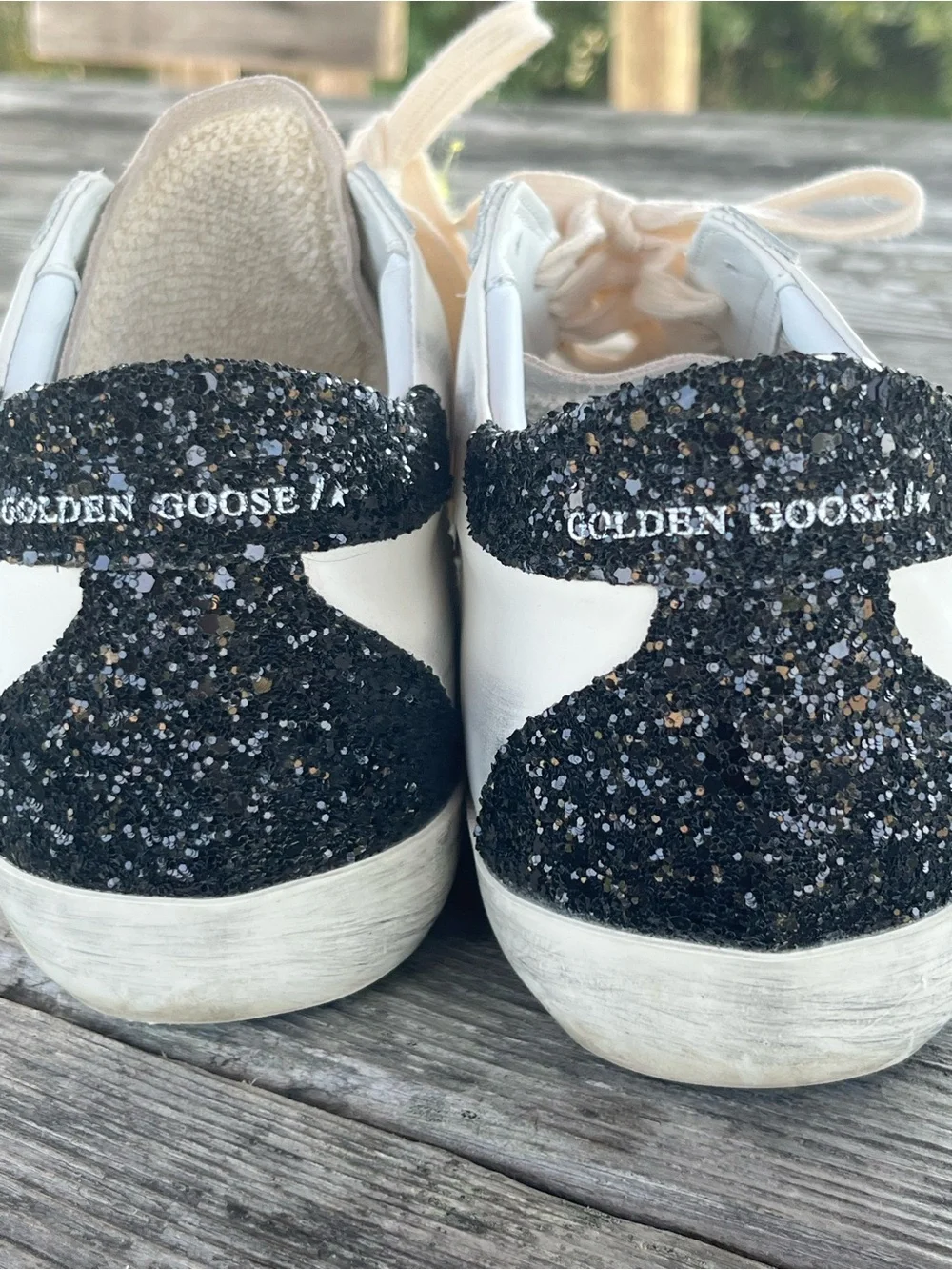 Golden Goose Cream Sneakers with Pink Glitter Star and Black Heel 8.5